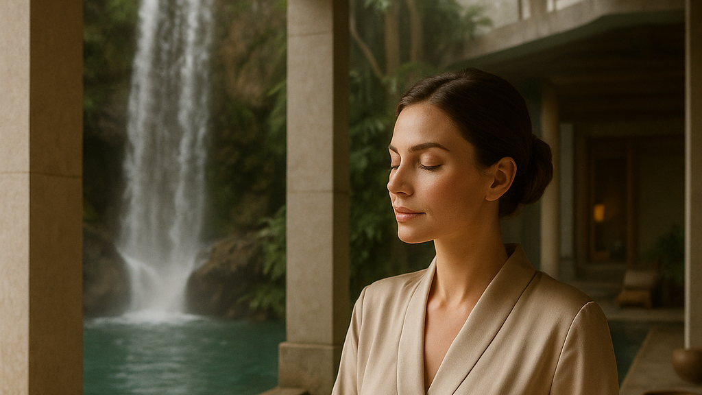 Luxury wellness retreat center with meditation gardens and quiet seating areas overlooking mountains